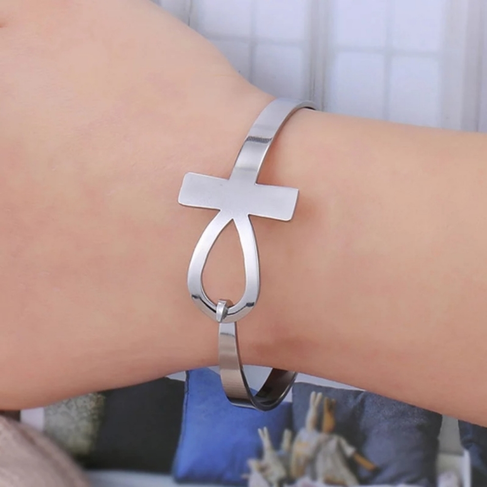 Silver Bangle Bracelet, Ankh Egyptian Jewelry - Picture 2 of 3